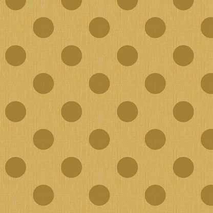 A repeating pattern of dark brown polka dots on a textured mustard yellow fabric background.
Photo by Tildafabrics.com [additional_image_link]