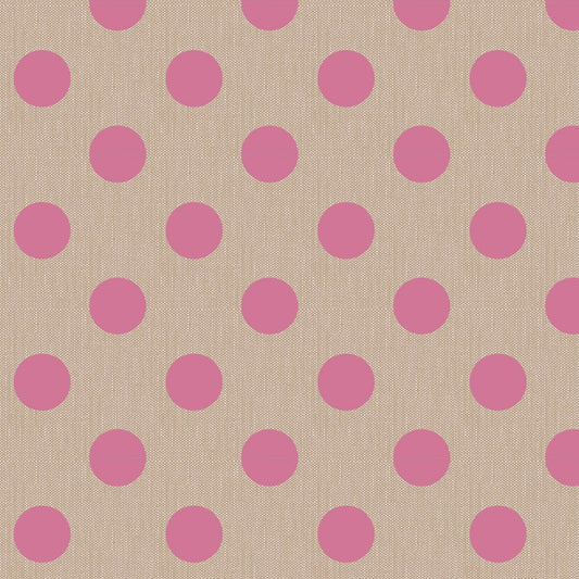 Pattern of pink polka dots on a beige background.
Photo by Tildafabrics.com [image_link]