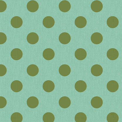 Pattern of green polka dots on a teal background.Photo by Tildafabrics.com [image_link]