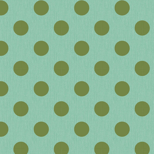 Pattern of green polka dots on a teal background.Photo by Tildafabrics.com [image_link]