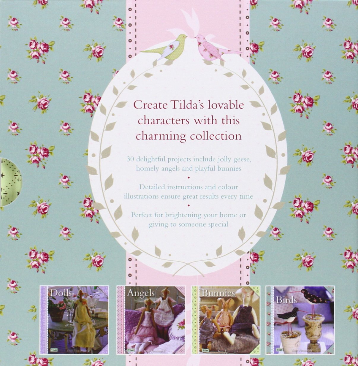 Front cover of a craft book titled 'Create Tilda's lovable characters with this charming collection' on a pastel floral background with small inset example images along the bottom.
Photo by Tildafabrics.com [additional_image_link]