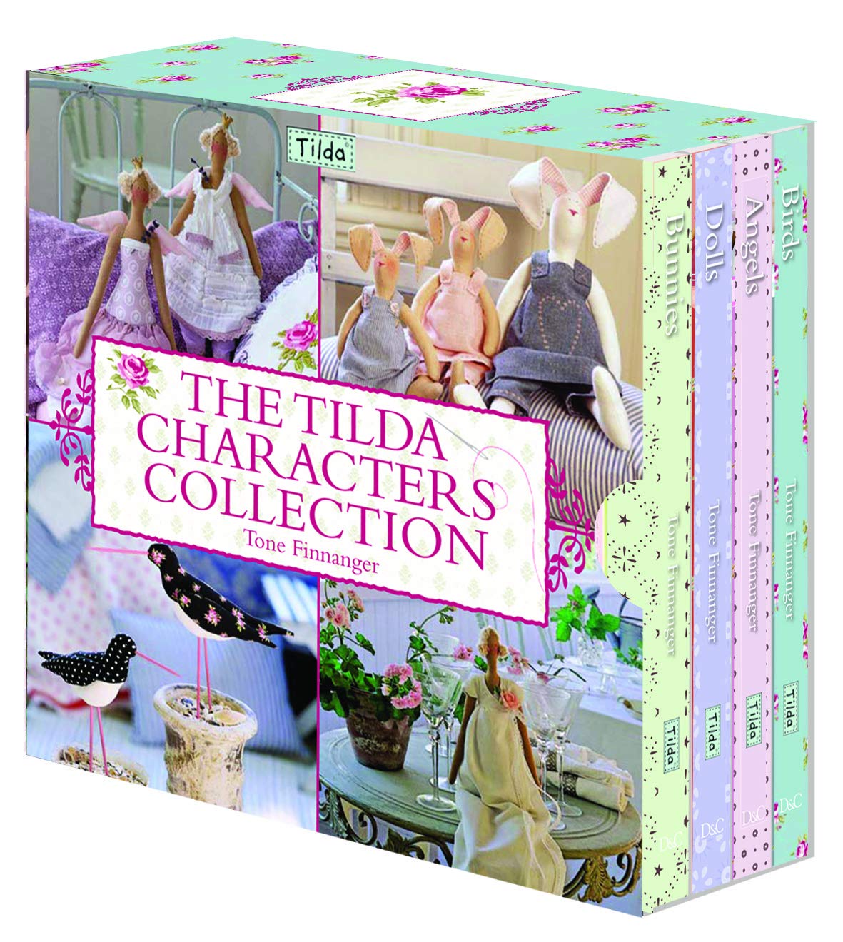 The Tilda Characters Collection book set by Tone Finnanger, featuring a pastel-colored box with illustrations of dolls and characters, shown on a plain white background.
Photo by Tildafabrics.com [image_link]