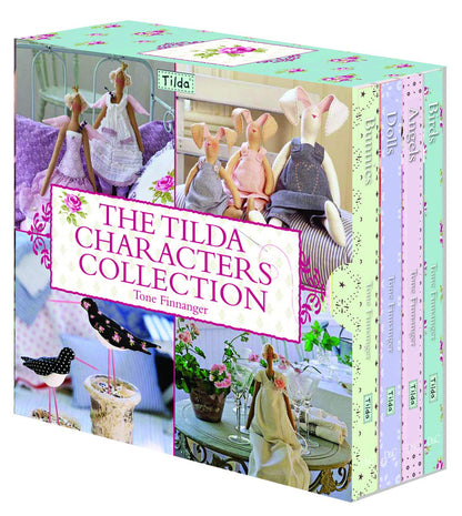 The Tilda Characters Collection book set by Tone Finnanger, featuring a pastel-colored box with illustrations of dolls and characters, shown on a plain white background.
Photo by Tildafabrics.com [image_link]