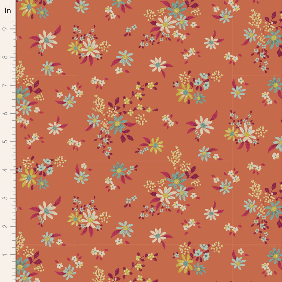 A fabric from the Chic Escape Daisyfield Blenders Collection with a floral pattern in ginger color on a background that is also ginger.
Photo by Tildafabrics.com [image_link]