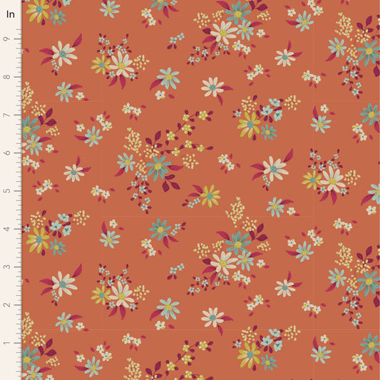 A fabric from the Chic Escape Daisyfield Blenders Collection with a floral pattern in ginger color on a background that is also ginger.
Photo by Tildafabrics.com [image_link]