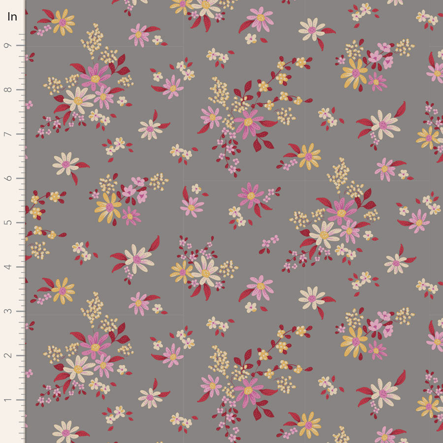 A fabric from the Chic Escape Daisyfield Blenders Collection featuring a grey background with a floral pattern in red and pink hues.
Photo by Tildafabrics.com [image_link]