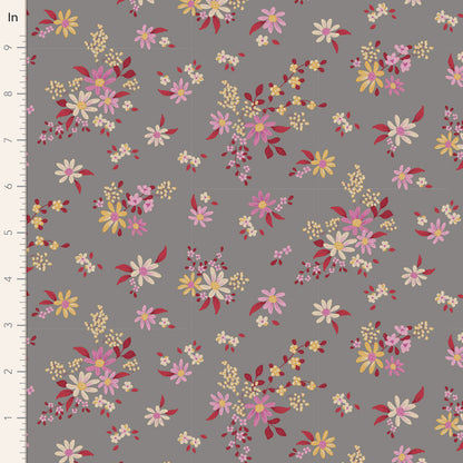 A fabric from the Chic Escape Daisyfield Blenders Collection featuring a grey background with a floral pattern in red and pink hues.
Photo by Tildafabrics.com [image_link]