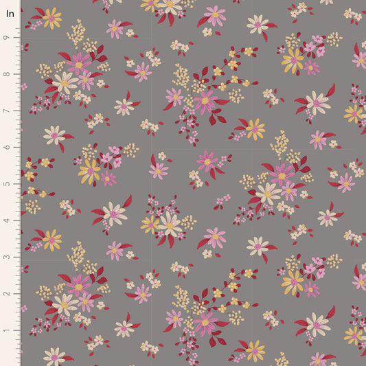 A fabric from the Chic Escape Daisyfield Blenders Collection featuring a grey background with a floral pattern in red and pink hues.
Photo by Tildafabrics.com [image_link]