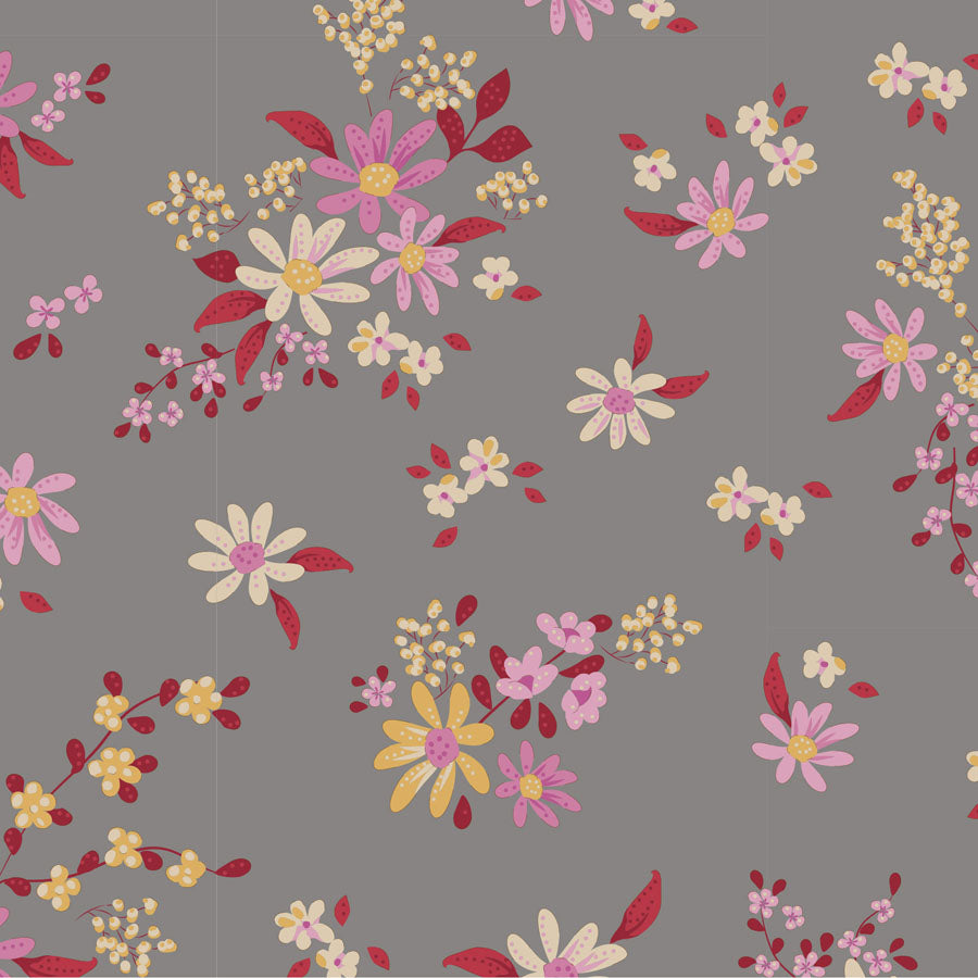 A fabric from the Chic Escape Daisyfield Blenders Collection featuring a grey background with a floral pattern in red and pink hues.
Photo by Tildafabrics.com [additional_image_link]