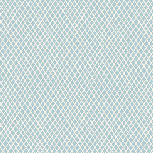 A yardage of Tilda Classic Basics Crisscross Blue fabric featuring a geometric diamond pattern in blue color.
Photo by Tildafabrics.com [image_link]