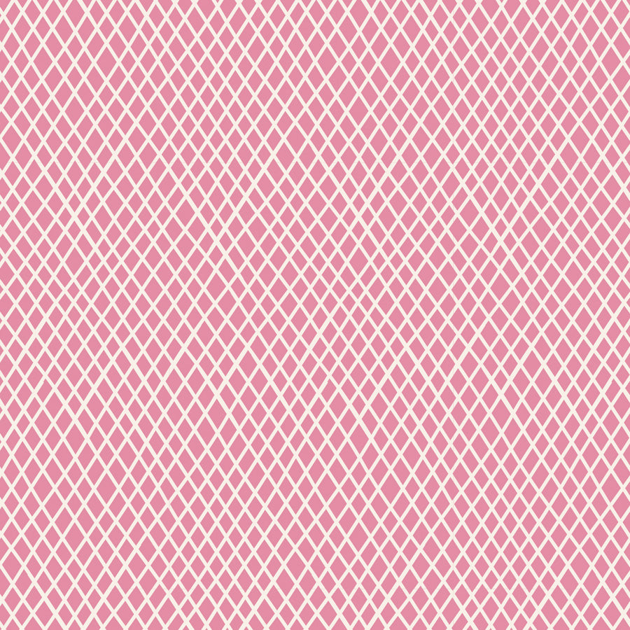 A swatch of 'Tilda Classic Basics Crisscross Pink' fabric showing a geometric crisscross pattern on a pink background.
Photo by Tildafabrics.com [image_link]