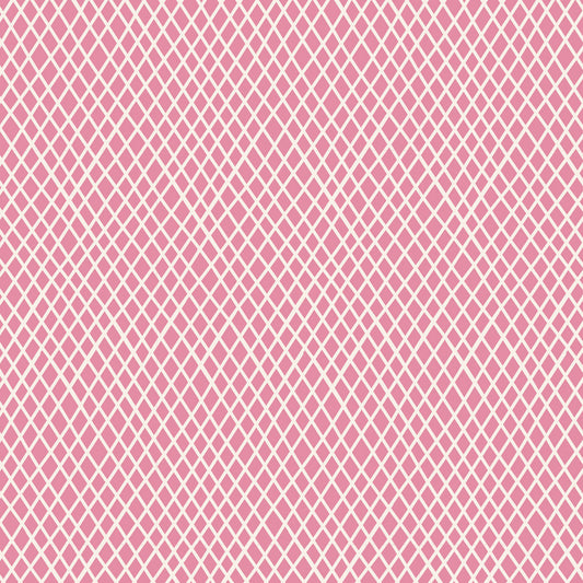 A swatch of 'Tilda Classic Basics Crisscross Pink' fabric showing a geometric crisscross pattern on a pink background.
Photo by Tildafabrics.com [image_link]