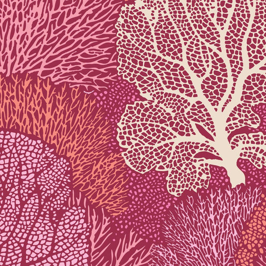A print fabric from the Cotton Beach Collection by Tone Finnanger featuring a coral reef design in shades of pink and orange.
Photo by Tildafabrics.com [image_link]