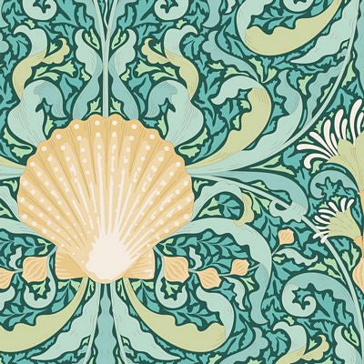 Decorative pattern with a shell and green foliage
Photo by Tildafabrics.com [image_link]