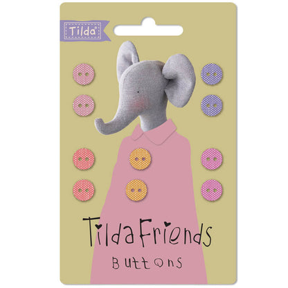 Tilda Friends buttons packaging with a gray elephant wearing a pink dress.
Photo by Tildafabrics.com [additional_image_link]