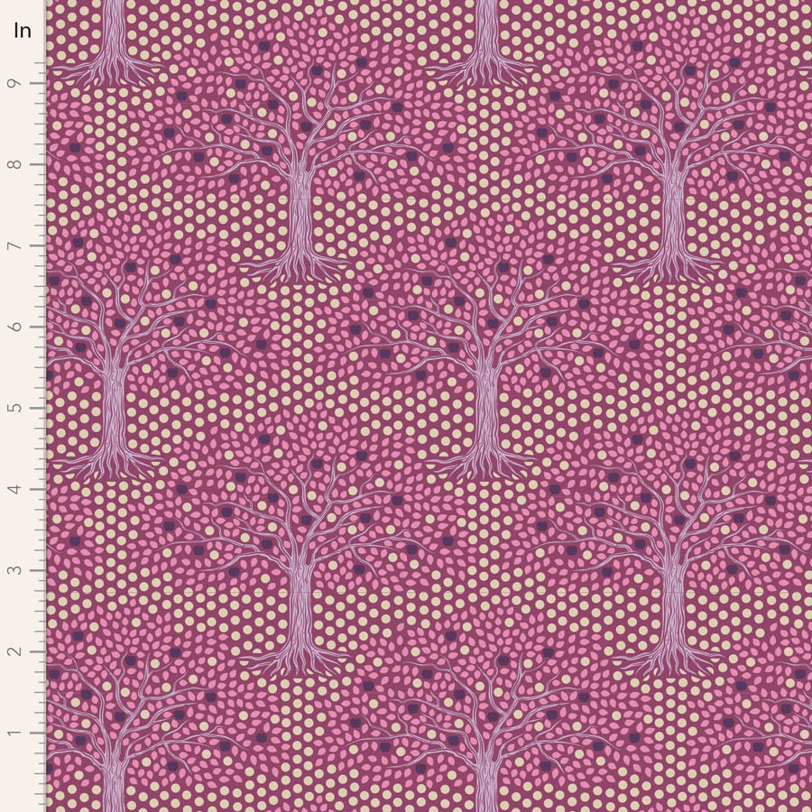 Yardage of Tilda Hometown Applegarden Plum fabric featuring a purple floral pattern with tree motifs.
Photo by Tildafabrics.com [image_link]