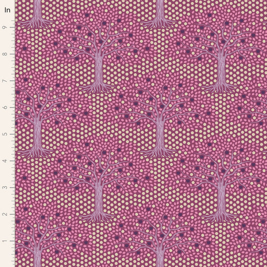 Yardage of Tilda Hometown Applegarden Plum fabric featuring a purple floral pattern with tree motifs.
Photo by Tildafabrics.com [image_link]