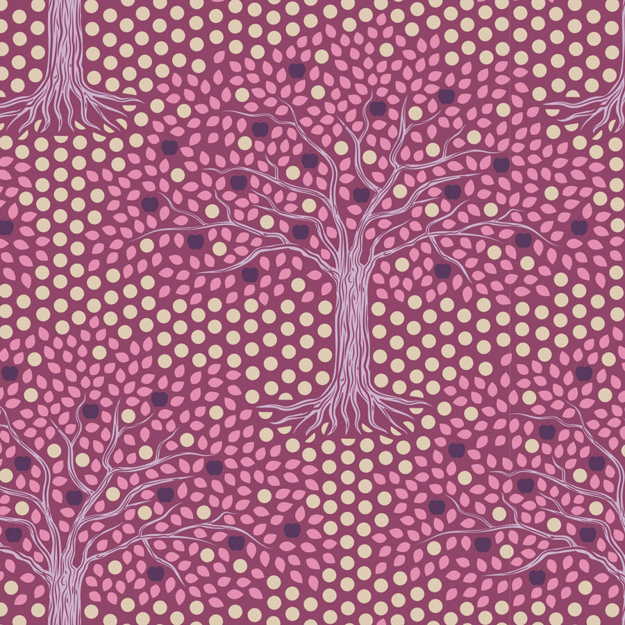 Yardage of Tilda Hometown Applegarden Plum fabric featuring a purple floral pattern with tree motifs.
Photo by Tildafabrics.com [additional_image_link]