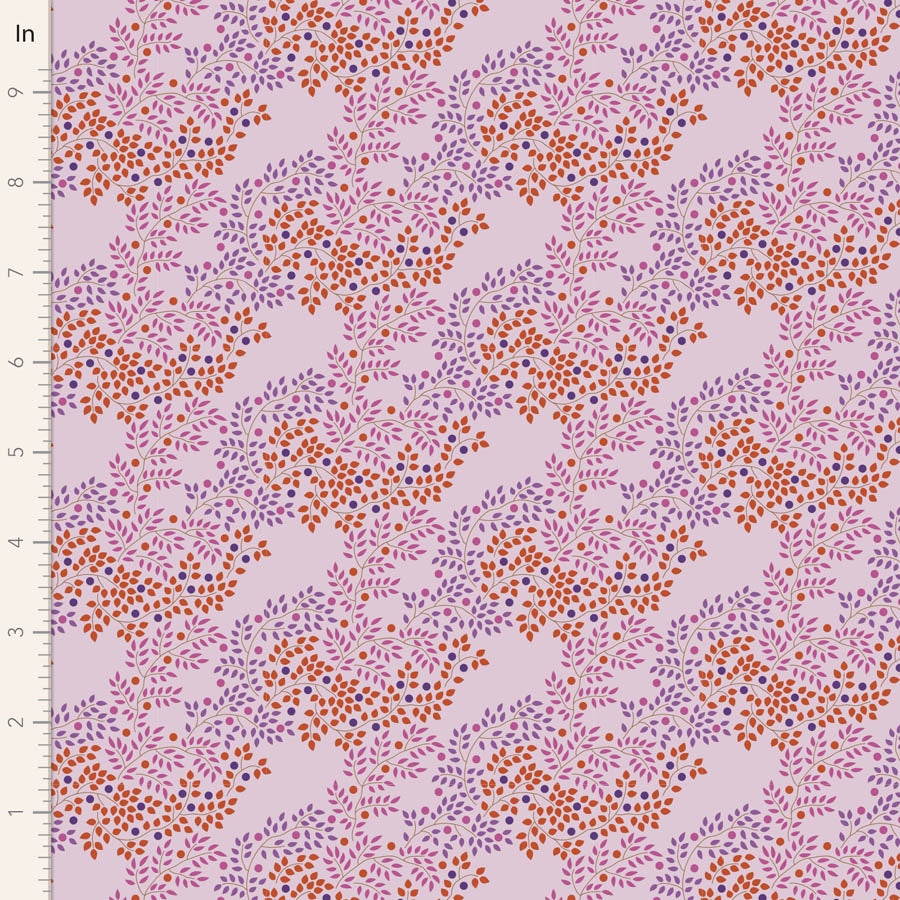A purple fabric from the Tilda Hometown Berrytangle Plum collection, featuring a floral pattern with orange and red berries on a plum background.
Photo by Tildafabrics.com [image_link]
