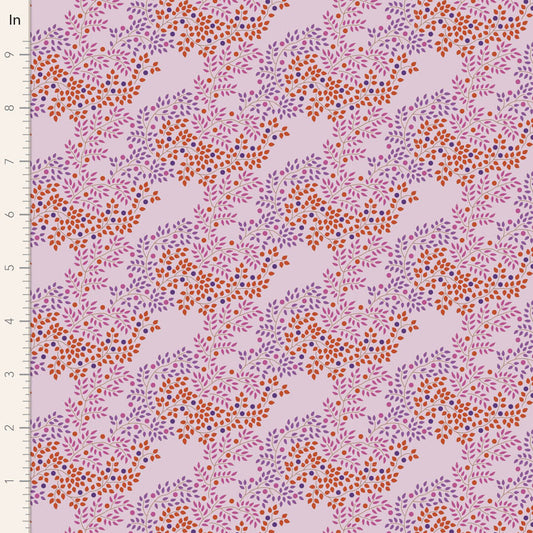 A purple fabric from the Tilda Hometown Berrytangle Plum collection, featuring a floral pattern with orange and red berries on a plum background.
Photo by Tildafabrics.com [image_link]