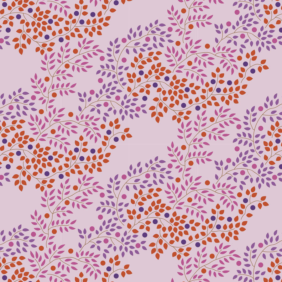 A purple fabric from the Tilda Hometown Berrytangle Plum collection, featuring a floral pattern with orange and red berries on a plum background.
Photo by Tildafabrics.com [additional_image_link]