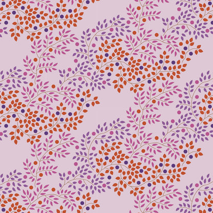 A purple fabric from the Tilda Hometown Berrytangle Plum collection, featuring a floral pattern with orange and red berries on a plum background.
Photo by Tildafabrics.com [additional_image_link]