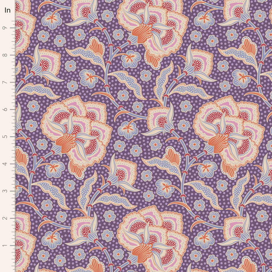 Yardage of Tilda Hometown Eden Grape fabric featuring a floral pattern with purple, pink, and green colors.
Photo by Tildafabrics.com [image_link]