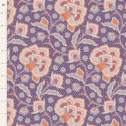 Yardage of Tilda Hometown Eden Grape fabric featuring a floral pattern with purple, pink, and green colors.
Photo by Tildafabrics.com [image_link]