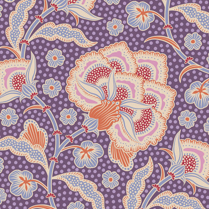 Yardage of Tilda Hometown Eden Grape fabric featuring a floral pattern with purple, pink, and green colors.
Photo by Tildafabrics.com [additional_image_link]