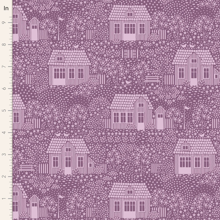 Yardage of Tilda Hometown My Neighborhood Blenders Lilac fabric featuring houses and gardens in a purple hue.
Photo by Tildafabrics.com [image_link]