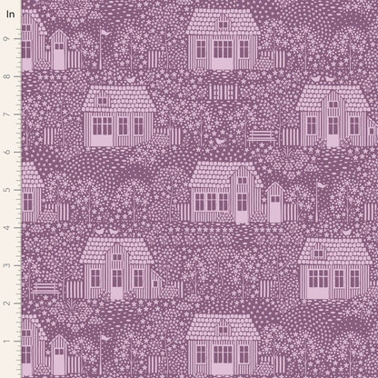 Yardage of Tilda Hometown My Neighborhood Blenders Lilac fabric featuring houses and gardens in a purple hue.
Photo by Tildafabrics.com [image_link]