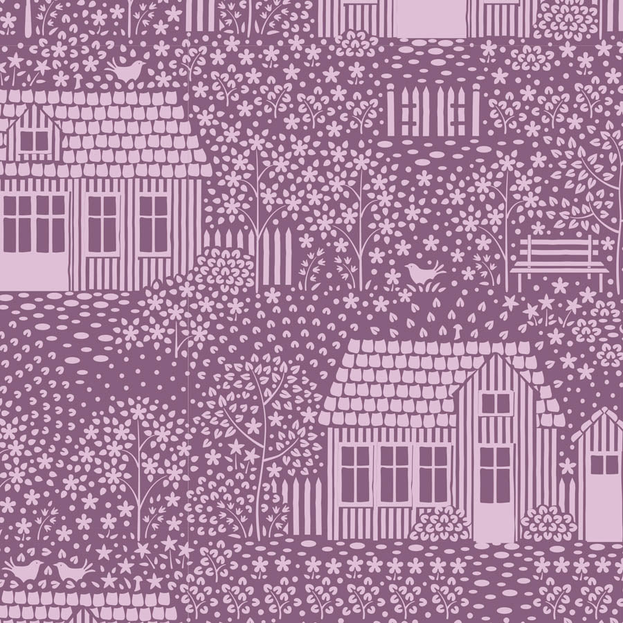Yardage of Tilda Hometown My Neighborhood Blenders Lilac fabric featuring houses and gardens in a purple hue.
Photo by Tildafabrics.com [additional_image_link]