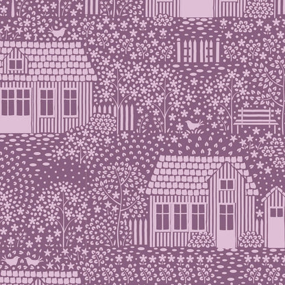 Yardage of Tilda Hometown My Neighborhood Blenders Lilac fabric featuring houses and gardens in a purple hue.
Photo by Tildafabrics.com [additional_image_link]