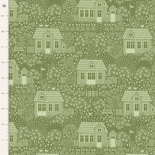 A 1 yard 23-inch remnant piece of fabric featuring a green blender design with houses and autumn colors from the Hometown Collection by Tilda Fabrics.
Photo by Tildafabrics.com [image_link]