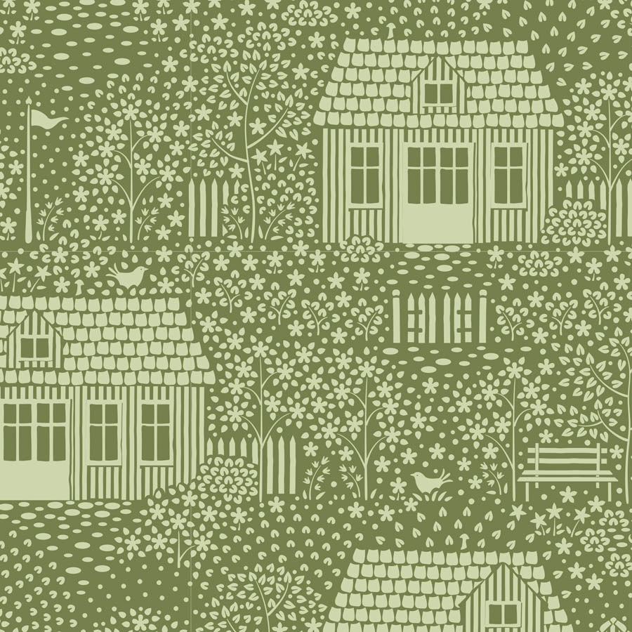 A 1 yard 23-inch remnant piece of fabric featuring a green blender design with houses and autumn colors from the Hometown Collection by Tilda Fabrics.
Photo by Tildafabrics.com [additional_image_link]