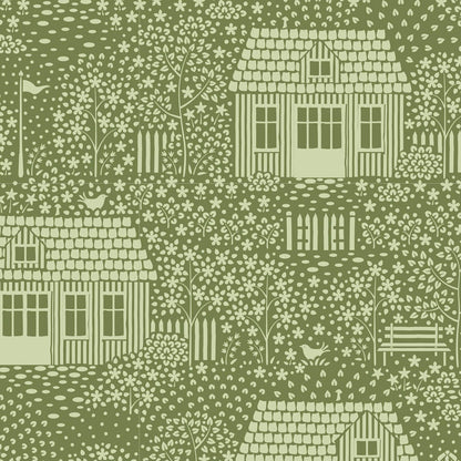 A 1 yard 23-inch remnant piece of fabric featuring a green blender design with houses and autumn colors from the Hometown Collection by Tilda Fabrics.
Photo by Tildafabrics.com [additional_image_link]