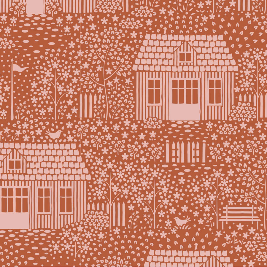A fabric from the Tilda Hometown My Neighborhood Blenders Rust yardage collection, featuring a pattern of houses and trees in a rust-colored blend on an orange background.
Photo by Tildafabrics.com [additional_image_link]