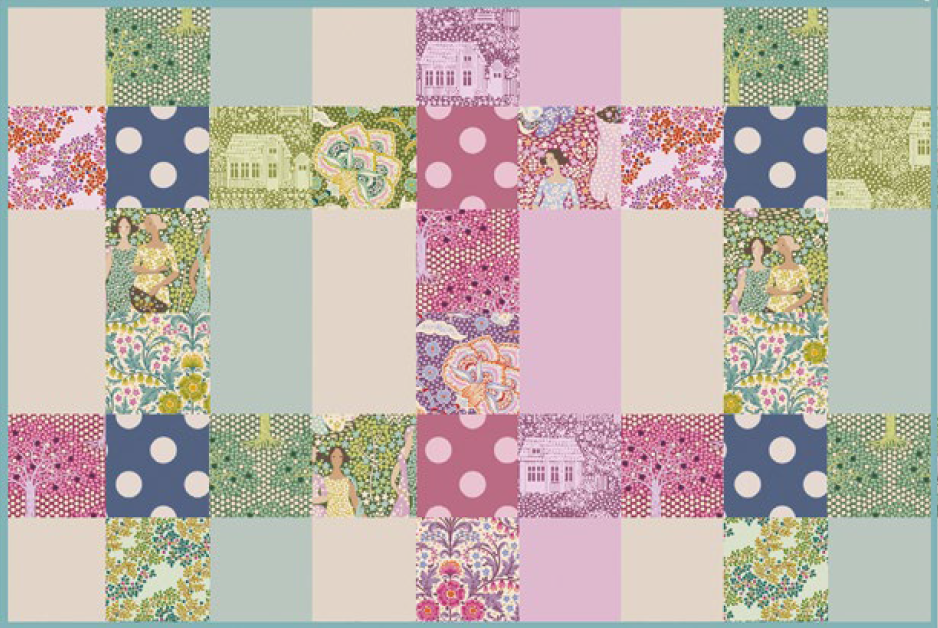 A patchwork quilt design featuring a grid of floral, polka dot, and illustrated fabric squares in pastel pinks, greens, blues, and creams, with vintage-style garden and house motifs.
Photo by Tildafabrics.com [image_link]