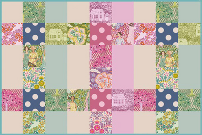 A patchwork quilt design featuring a grid of floral, polka dot, and illustrated fabric squares in pastel pinks, greens, blues, and creams, with vintage-style garden and house motifs.
Photo by Tildafabrics.com [image_link]