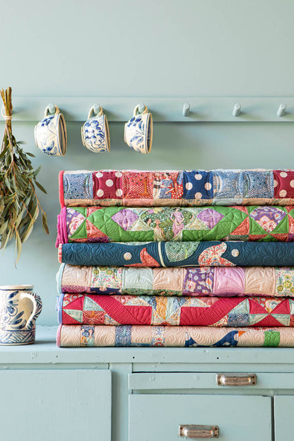 A stack of colorful quilted fabrics with various patchwork patterns, neatly folded on a light blue-green wooden cabinet. Above the stack, three matching ceramic mugs hang from a white peg rail on the wall, and a small ceramic mug sits on the left side.
Photo by Tildafabrics.com [additional_image_link]