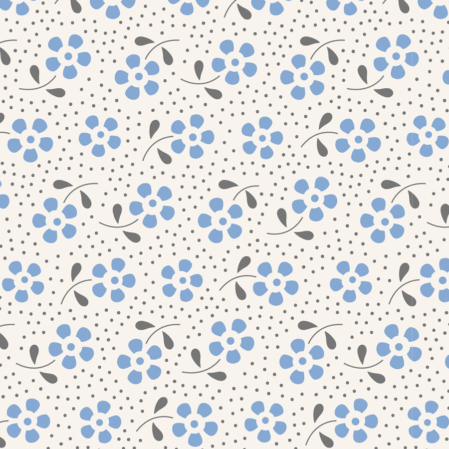 A repeating floral pattern featuring light blue flower clusters with small gray leaves and stems, set against a warm off-white background with fine gray polka dots.
Photo by Tildafabrics.com [image_link]