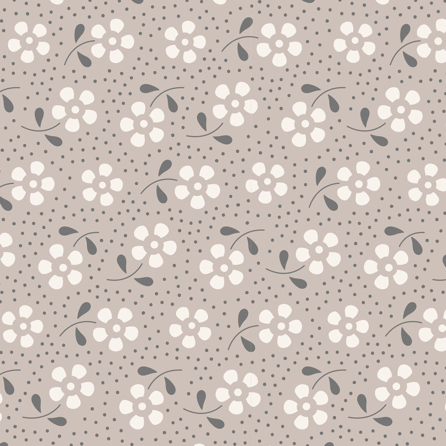 A repeating floral pattern on a warm taupe background, featuring cream-colored flower clusters with small dark gray leaves and stems, plus scattered dark gray dots.
Photo by Tildafabrics.com [image_link]