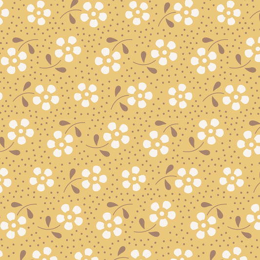 A repeating floral pattern on a warm mustard-yellow background, featuring small white flowers with brown centers and stems, plus scattered brown dots across the surface.
Photo by Tildafabrics.com [image_link]