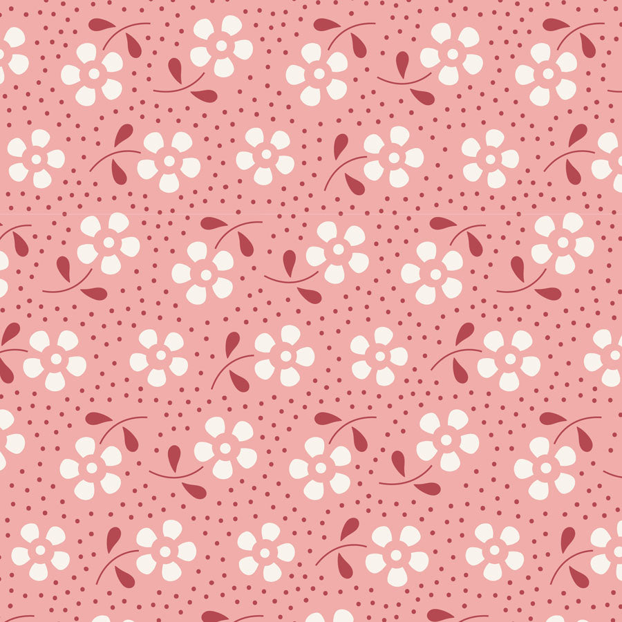 A repeating floral pattern on a dusty pink background, featuring white flower clusters with dark red centers and stems, plus small dark red dots throughout.
Photo by Tildafabrics.com [image_link]