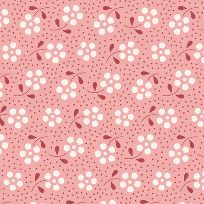 A repeating floral pattern on a dusty pink background, featuring white flower clusters with dark red centers and stems, plus small dark red dots throughout.
Photo by Tildafabrics.com [image_link]