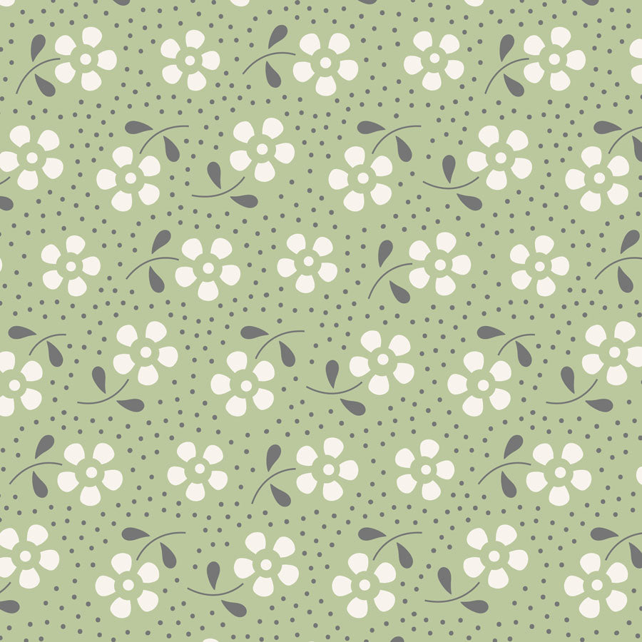 A repeating floral pattern on a light sage green background, featuring white five-petal flowers with dark gray stems and leaves, plus small dark gray dots throughout.
Photo by Tildafabrics.com [image_link]