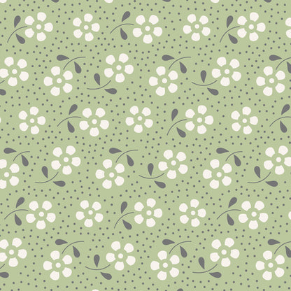 A repeating floral pattern on a light sage green background, featuring white five-petal flowers with dark gray stems and leaves, plus small dark gray dots throughout.
Photo by Tildafabrics.com [image_link]