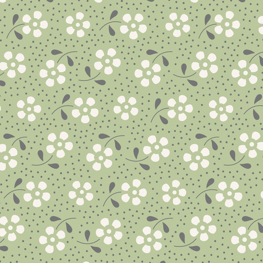 A repeating floral pattern on a light sage green background, featuring white five-petal flowers with dark gray stems and leaves, plus small dark gray dots throughout.
Photo by Tildafabrics.com [image_link]