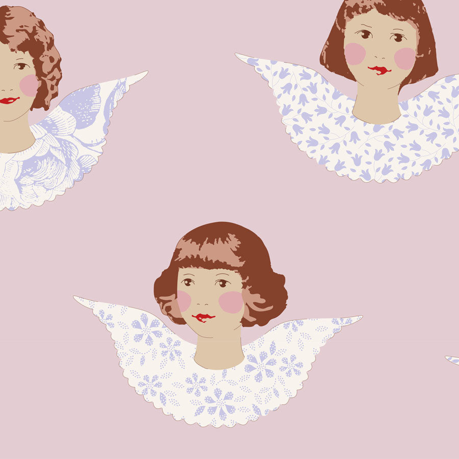 A printed fabric remnant featuring a pattern with angel-like figures in blush pink color on a pink background, part of the Old Rose Collection.
Photo by Tildafabrics.com [image_link]