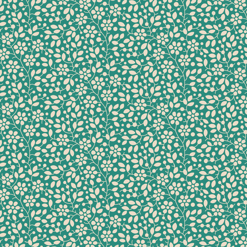 A repeating floral pattern featuring cream-colored flowers and leaves on a teal green background.
Photo by Tildafabrics.com [image_link]